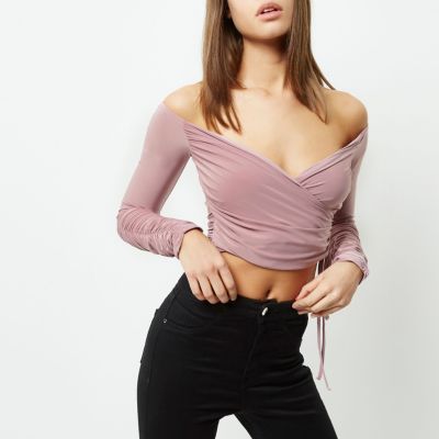 Nude ruched wrap bardot crop top